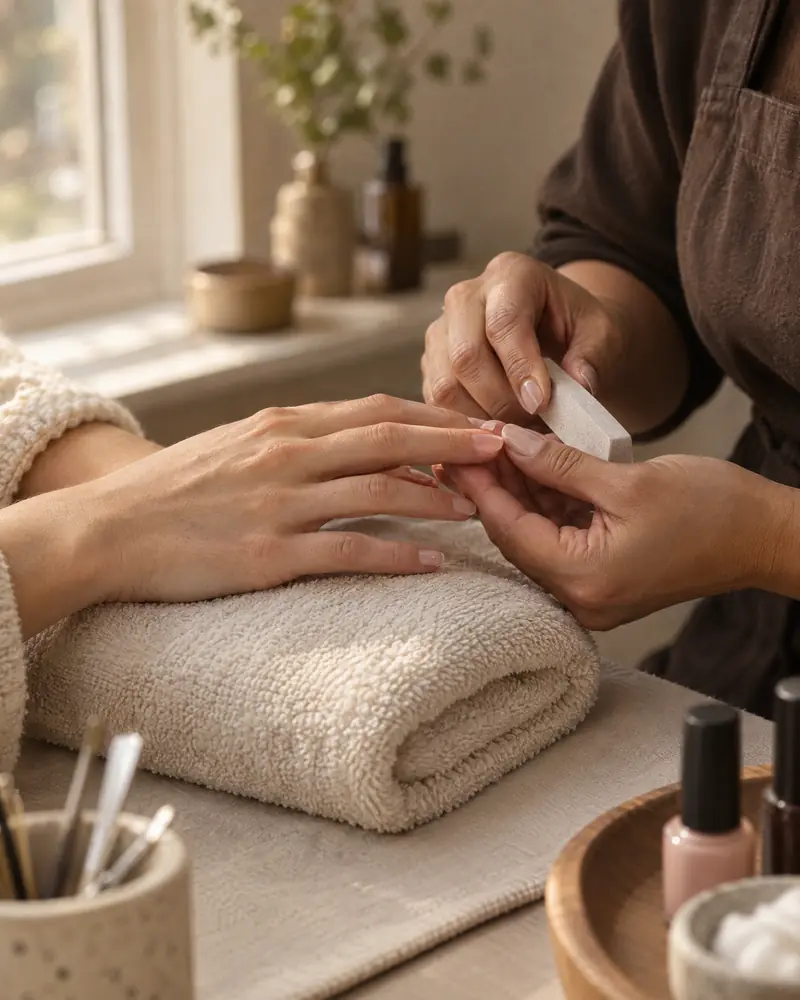 A nail technician's hands gently holding a client's hand over a folded cream towel during a manicure